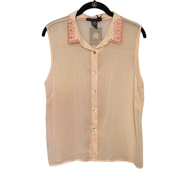 New Living Doll Sheer Sleeveless Button Down Blouse Embroidered Collar Medium - Picture 1 of 8